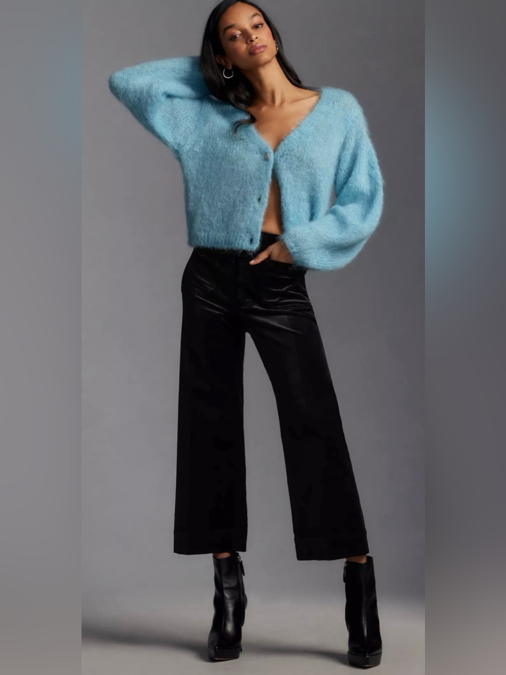 Anthropologie Maeve Colette Black Velvet High Rise Wide Leg Cropped Pants Sz 27